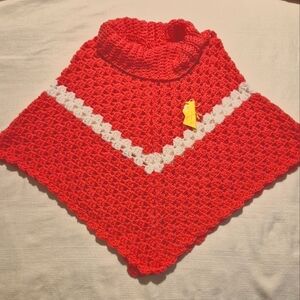 Handcrafted cowl neck poncho girls large coral with white stripe NEW
